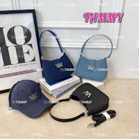 a blue purse, a hat, and a bag with the word thimmy on it